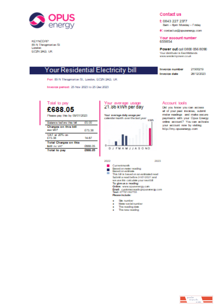 Opus Energy electricity utility business bill,  page 1, SCR PSD template